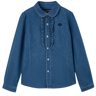 【100%棉】eland kids衣恋童装女童牛仔衬衫春秋徽章刺绣花边长袖