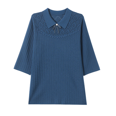 春装翻领针织衫女中长款上衣加肥特大码宽松洋气胖妈妈桑蚕丝T恤