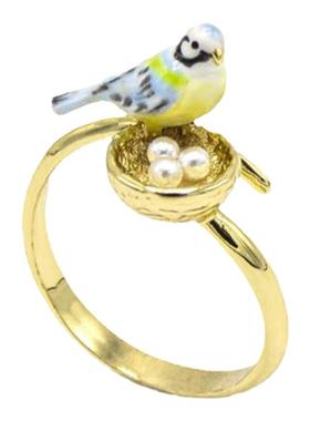 彩绘珐琅可爱山雀小鸟鹦鹉鸟窝珍珠鸟蛋戒指女开口指环可调节饰品