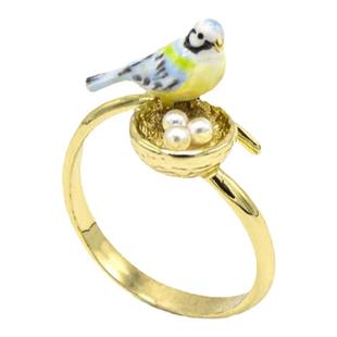 彩绘珐琅可爱山雀小鸟鹦鹉鸟窝珍珠鸟蛋戒指女开口指环可调节饰品