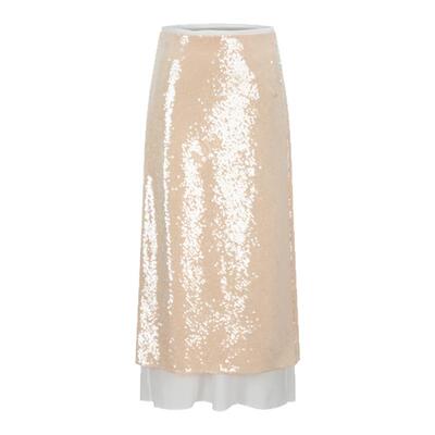 DANZ 高级优雅浪漫清透裸色亮片拼接双层迷笛裙立体剪裁半裙