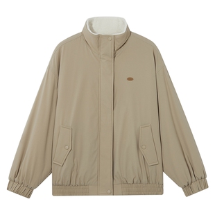 热风女士立领夹克外套仿羊羔毛外套2025年冬季新款宽松休闲上衣