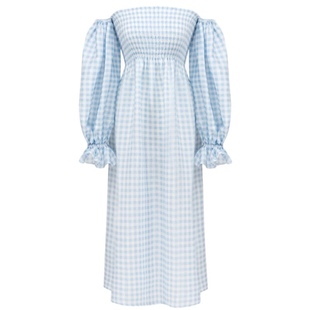 照照自制sleeper亚麻蓝色格子灯笼袖法式落肩方领两穿度假连衣裙
