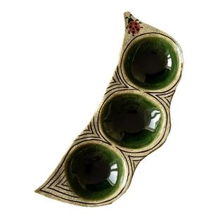 现货日本进口作家手绘织部绿釉七星瓢虫豌豆形豆皿小碟盘子三品盛