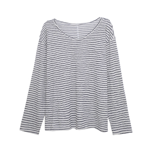 荒荒家小细条纹贴标U领长袖T2026春秋新款减龄宽松打底内搭外穿女