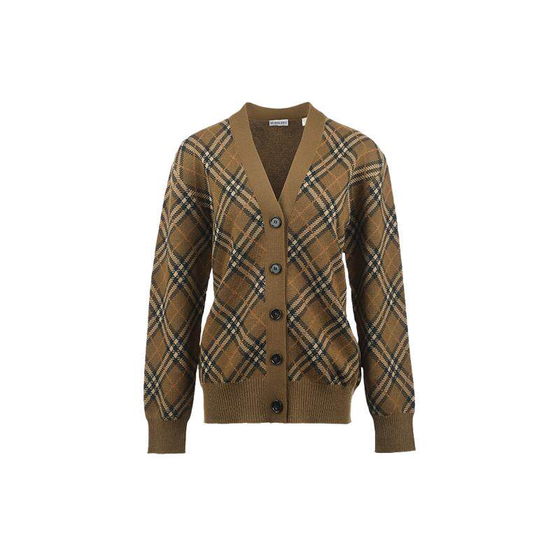 【自营】BURBERRY/博柏利女士格纹绵羊毛宽松V领系扣针织开衫外套
