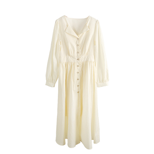 杏色V领长袖连衣裙女2026年春季新款大方得体的收腰a字长款裙子