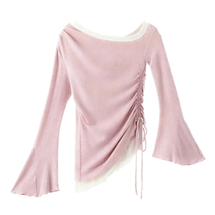 LIMONN绝美温柔一字肩假两件上衣女喇叭袖侧边抽绳打底T恤内搭冬