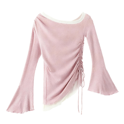 绝美温柔一字肩假两件上衣