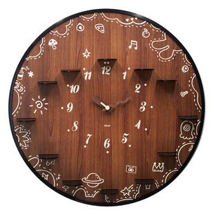 木纹展台款-装饰挂钟DIY创意木质圆形挂墙时钟趣味风格静音石英表