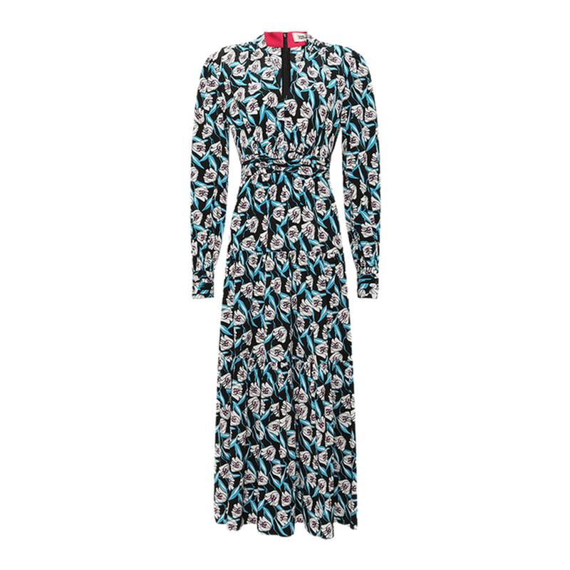 [玫瑰相似款]DVF长袖蓝白印花收腰长裙连衣裙DL4R021