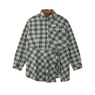 FILA FUSION斐乐潮牌女装上衣2026春新款时尚宽松不规则格子衬衫