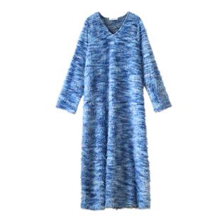 法式气质仿马海毛V领早秋袍子连衣裙原创设计宽松显瘦慵懒长裙