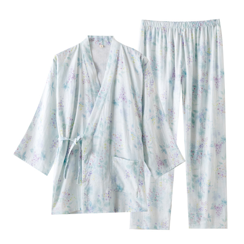 新款春秋纯棉碎花中式汉服双层纱布女士睡衣薄款睡袍和服家居服套