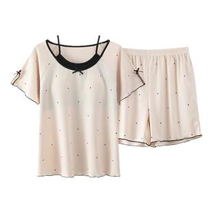 冰丝睡衣女款夏季带胸垫短袖短裤假两件波点休闲夏天可外穿家居服