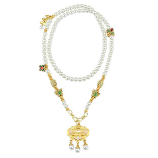 锦鲤莲花如意锁仿珍珠长款项链珐琅彩工艺新中式国风毛衣链配饰品