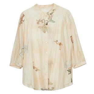 谜底湘绣印花衬衫女秋新品优雅气质通勤衬衣七分袖243MC1041