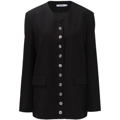 黑色纽扣装饰V领休闲西装