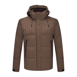 斯密特保罗冬季新款男都市休闲棕色羽绒服连帽字母印花白鸭绒外套