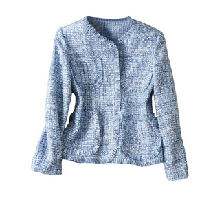 轻奢BI入~手工流苏毛须镶边V领长袖蓝色小香风粗花呢短外套女春秋