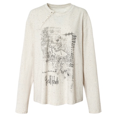 针织上衣斜肩印花长袖T恤