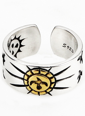 S925纯银高桥点金太阳飞鹰开口戒指男女同款复古日系百搭指环潮流