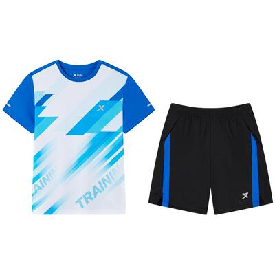 特步童装男童足球服套装夏季新款儿童圆领撞色大童短袖短裤两件套