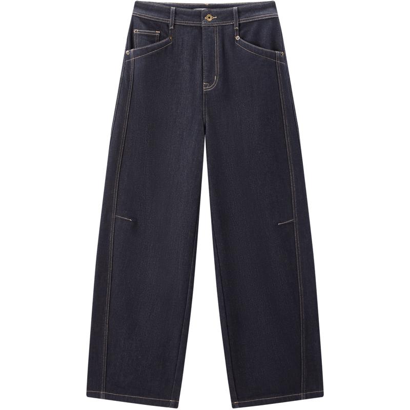 太平鸟高腰磨毛阔腿牛仔裤25年冬季新款宽松保暖茧型弯刀牛仔裤*