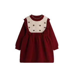 沫沫童装冬装女童洋气裙子2026秋冬季新款儿童红色休闲针织毛衣裙