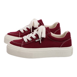 环球酒红色帆布鞋女鞋冬季加绒轻便软底透气低帮系带黑色休闲板鞋