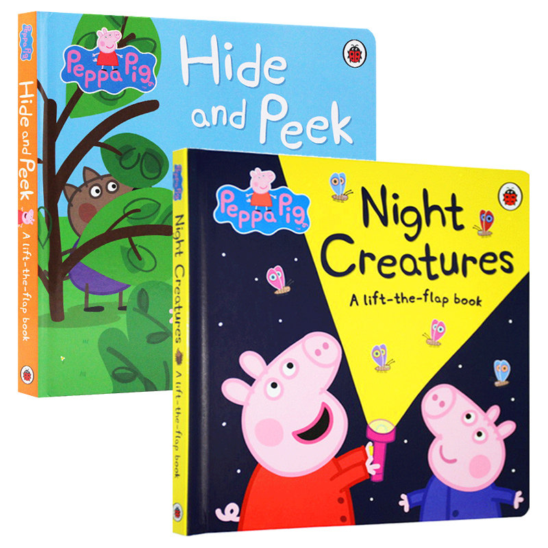 粉红猪小妹翻翻书2本合集 Peppa Pig Night Creatures 小猪佩奇夜行动物纸板书 小猪佩奇捉迷藏 英文原版绘本 进口儿童读物书籍