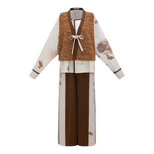 花朝记｜锦灰堆｜汉服元素唐背子圆领衫拼接改良宋裤粗花呢文艺风