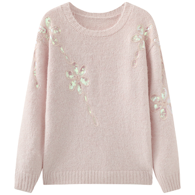 慕兔温柔风拼接亮片花朵毛衣