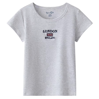 BrandyGirl美式圆领London国旗刺绣bm短袖t恤女百搭修身短款上衣