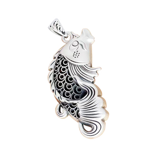 足银21小龙鱼吉庆有鱼锁复古民族风吊坠原创纯手工设计