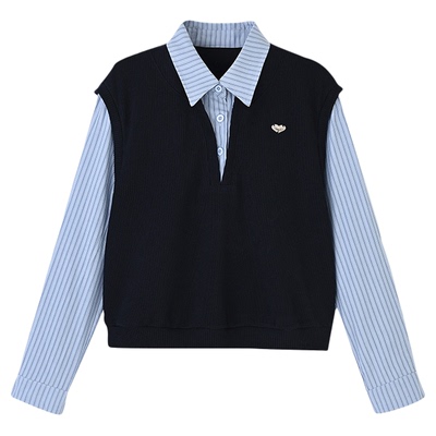 女装翻领配毛织拼接假两件衬衣