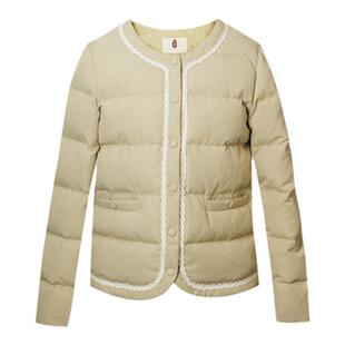 纻衣复古卡其色圆领羽绒棉服女2026冬季新款短款拼接织带棉衣外套