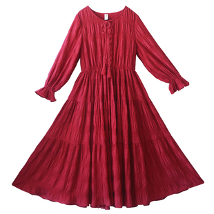 现货【山光黛浮】圆领抽褶连衣裙女春季红色浪漫减龄大裙摆蛋糕裙