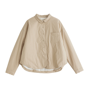 日系简约文艺女装柔软polo领夹棉衬衫外套女宽松短款小个子上衣