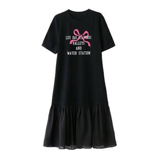 大码仙气连衣裙胖mm巨显瘦遮肚子雪纺拼接长裙纯棉夏装短袖t恤裙