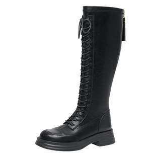 戈美其2025冬季新款厚底粗跟长筒靴女高筒靴长靴交叉绑带骑士靴子