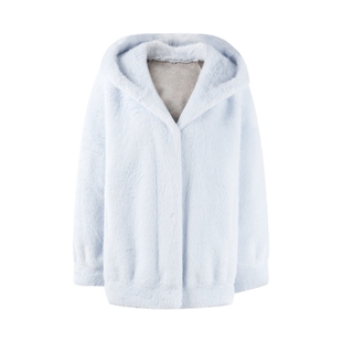 秋水伊人蓝色环保皮草外套女2025年冬季新款休闲经典连帽时尚上衣