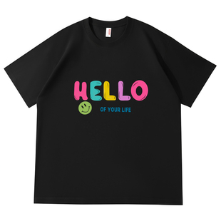 彩色hello创意潮牌美式卡通短袖T恤男女同款宽松百搭黑色休闲风