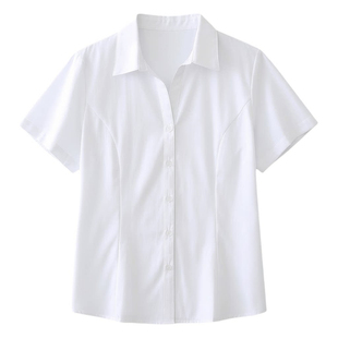 夏季职业衬衫女士V领短袖衬衫商务正装工作服工装斜纹白色大码女