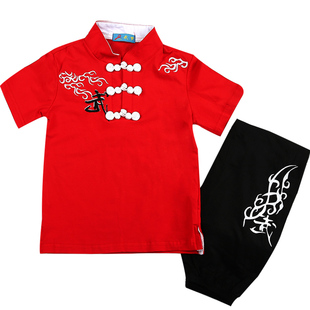 纯棉中式儿童武术T恤 立领中国风云武短袖练功服 武术表演套装