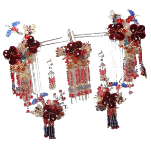 新款中式红色绒花流苏头饰新娘秀禾服古风步摇敬酒服晨袍配饰