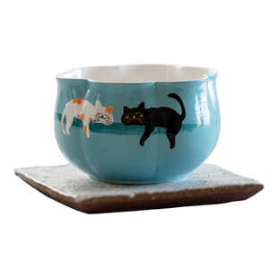 粉引手绘猫咪主人杯花口陶瓷单个茶杯高颜值品茗杯功夫茶具女士杯