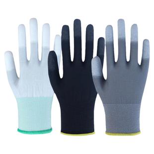薄款灰色白PU涂指手套劳保防滑耐磨防尘尼龙纱线涂层透气带胶干活