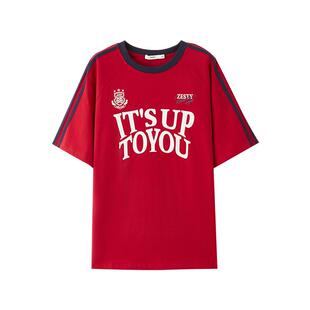 三福美式宽松短袖女2026新款夏季休闲撞色杠条t恤上衣女装518239