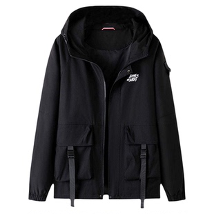 百胜狐大码男装重磅夹克春秋新款胖人加肥加大连帽工装茄克衫外套